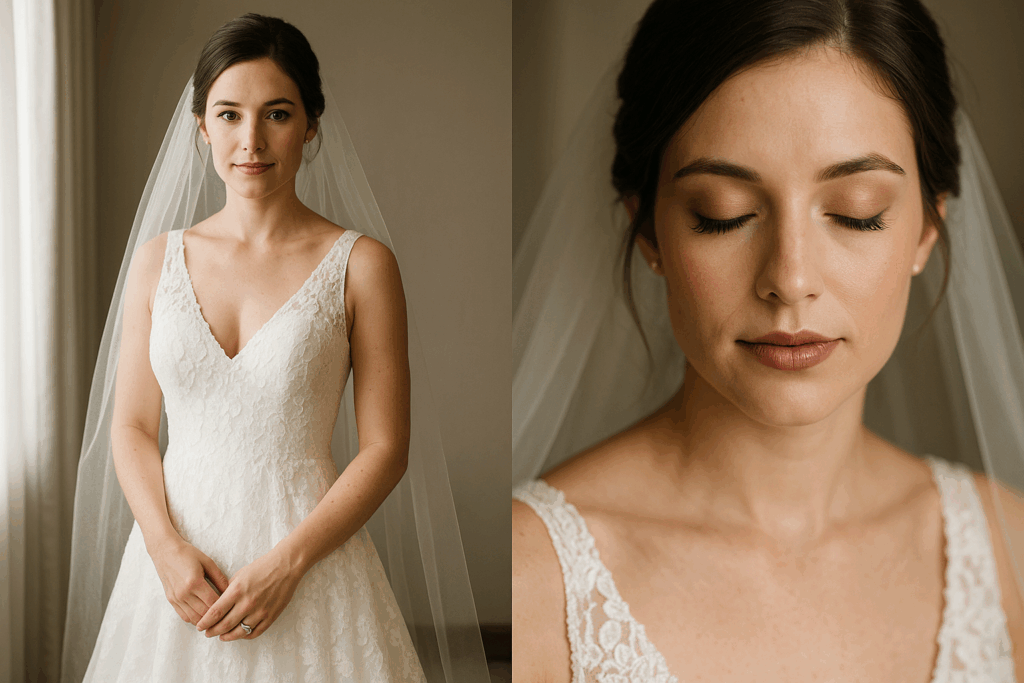 “Close-up bridal makeup portrait with eyes closed, highlighting flawless natural makeup, soft lighting, defined eyelashes, and delicate bridal details.”